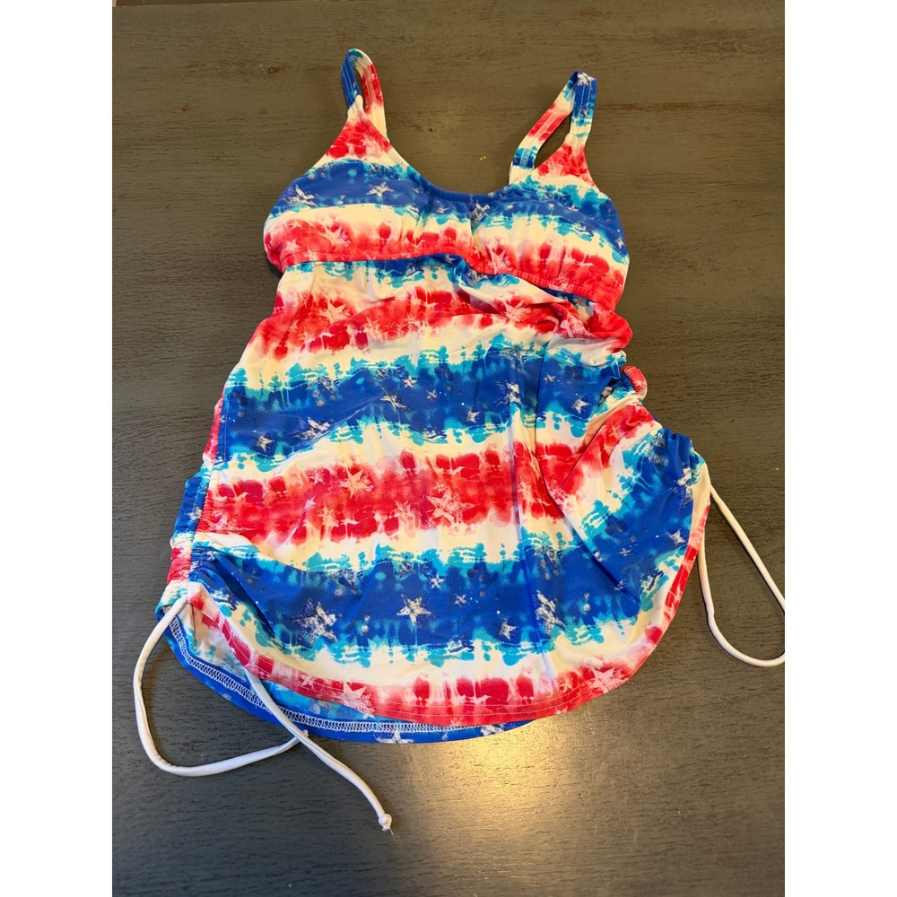 Venus Americana Tie Dye Stars Tankini Swim Top Red White Blue Womens 8 Ruched